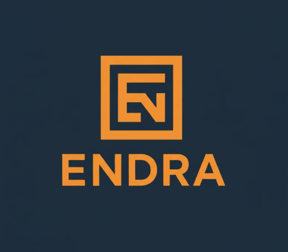 Logotipo de Endra en naranja sobre fondo azul oscuro